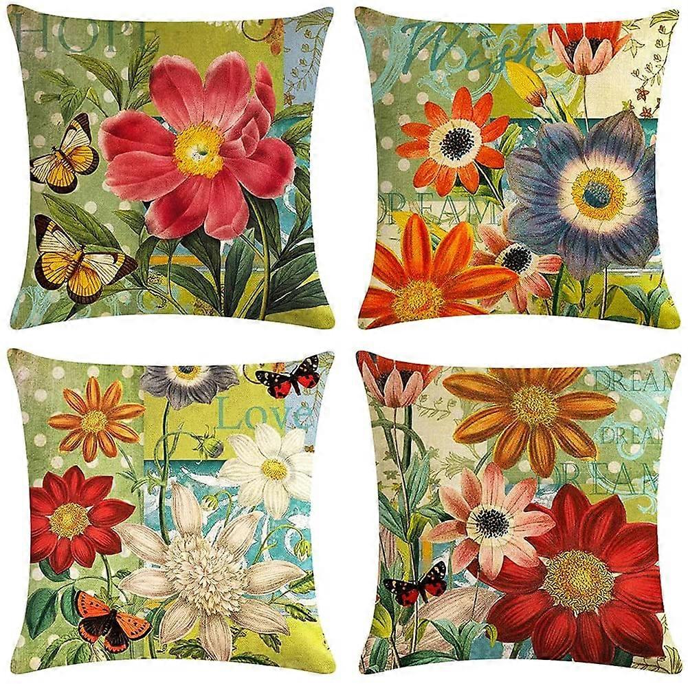 4 Set Decorative Pillows Covers Summer Green Floral Theme 18x18 Inch