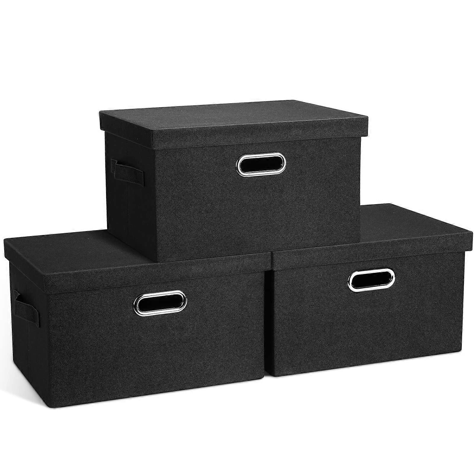 3 Packs Black Foldable Fabric Storage B Closet Boxes Heavy-duty Lidded Cube Linen Basket Container Organizer for Bedroom Medium 15' 21 Quart