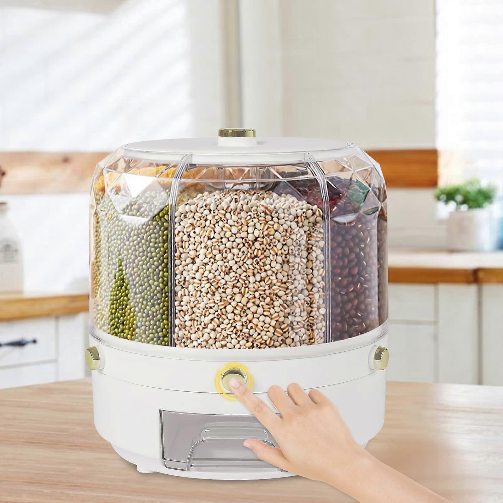 1 Rice Food Grain Dispenser with 6-Grid 360 Degree Rotation One-Button Pressing for Gra and Candy