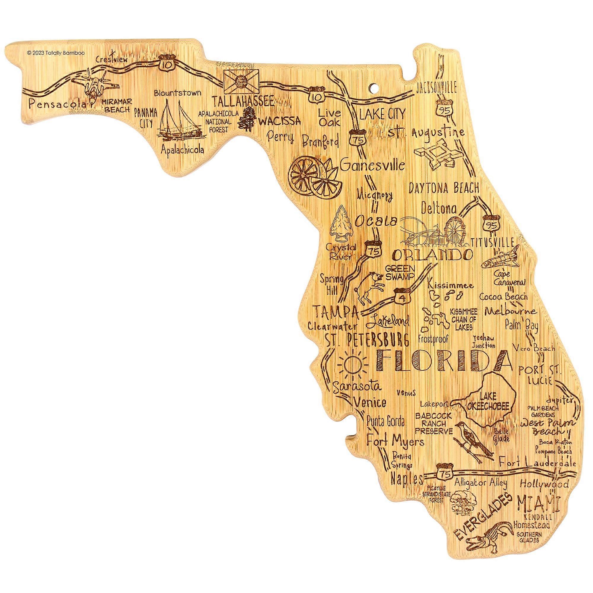 Destination Florida State Shaped Bamboo Serving and Cutting Board with Wall Display Hang Tie