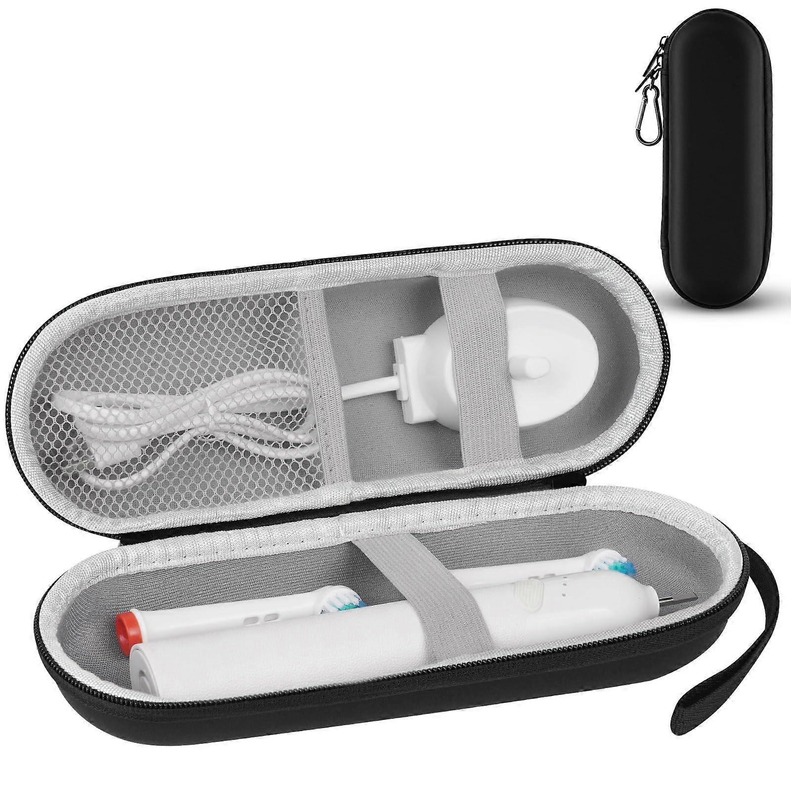 Electric Toothbrush Travel Case with Waterproof PU Surface, Soft Lining, Mesh Pocket, Portable Storage Bag for Accessories (Black)