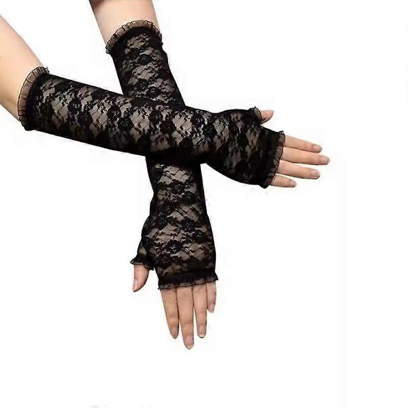 Summer Medium-length Arm Sleeve Breathable Thin Sunscreen Sleeve Solid Color Lace Fingerless Gloves