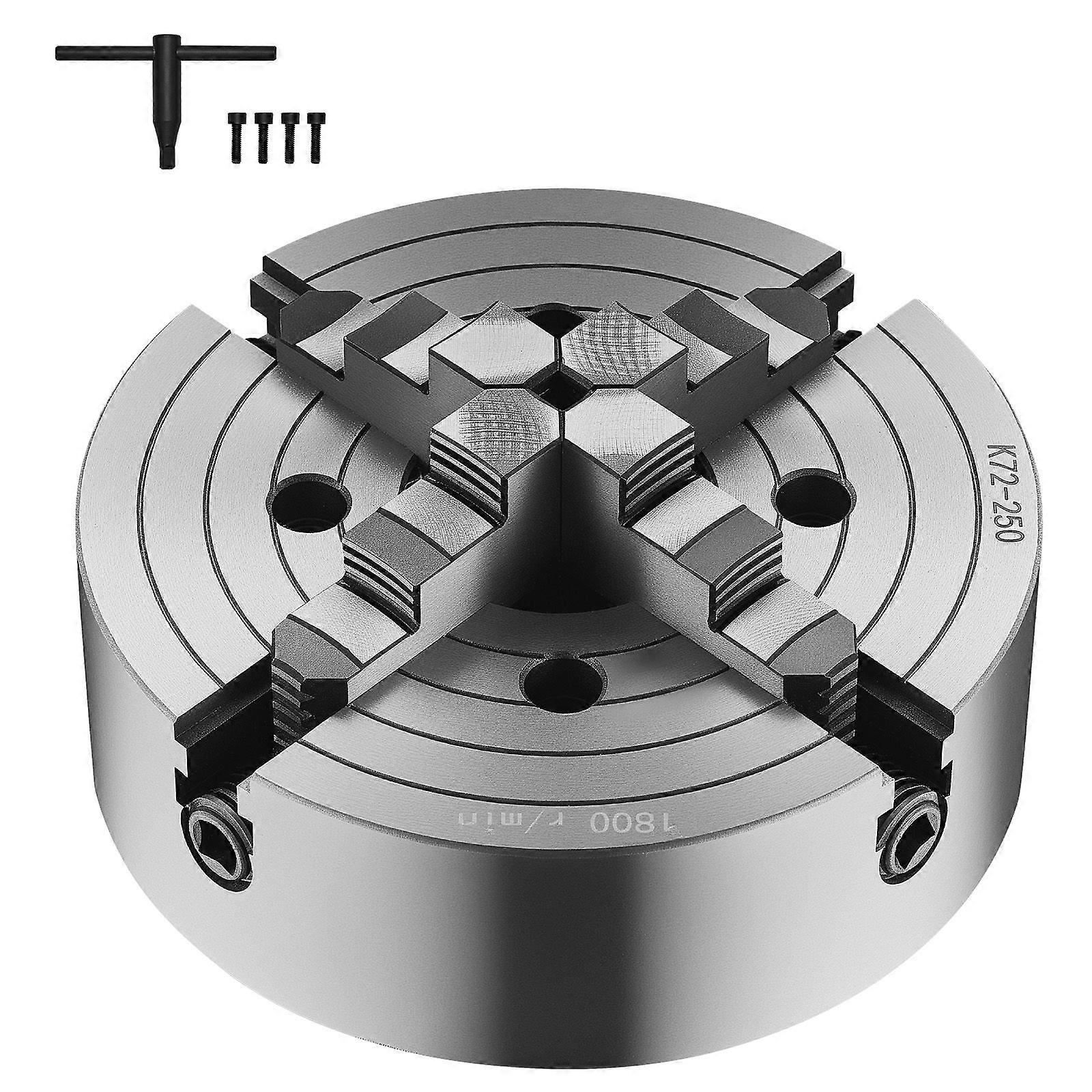 4-Jaw Lathe Chuck, 10 Inch (250 mm), Self-Centering Chuck, 0.6-9.84 in (15-250 mm) Clamping Range with T-key Fixing Screws