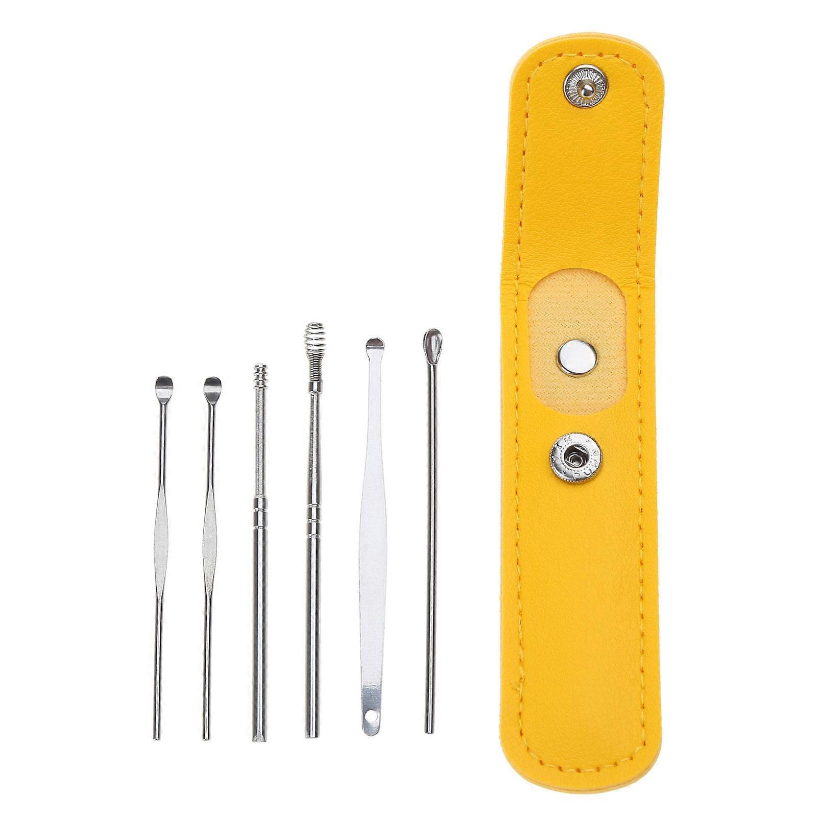 Amélioré Ear Pick Ensemble d’outils d’élimination du cérumen Nettoyeur d’oreilles Curette d’oreille Outil de dissolvant de cérumen avec boîte de rangement en acier inoxydable jaune