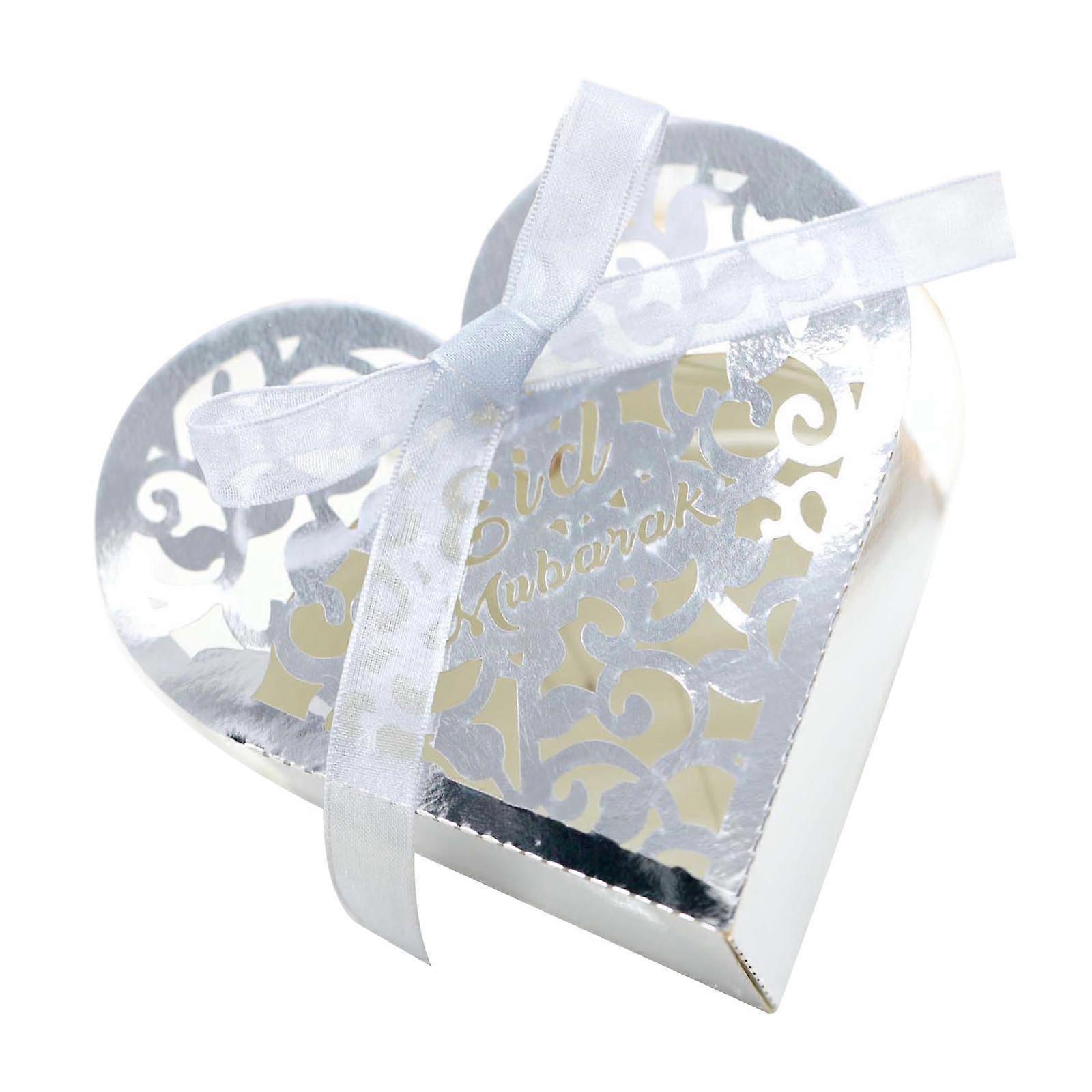 50pcs Eid Mubarak Presente Caixa de Doces Decoração do Ramadã Forma de Coração Oco Chocolate Prata