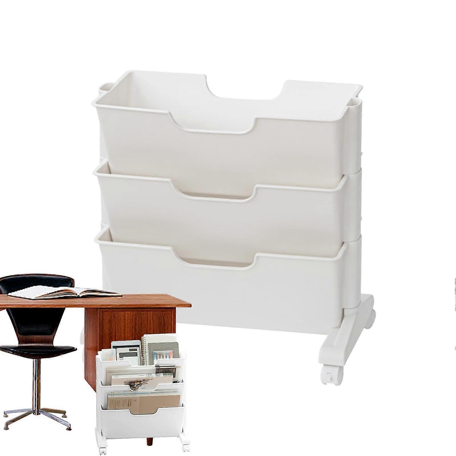 Rolling Under Desk File Trolley, 3-Layer Mobile Bookcase with Wheels, White Snack Storage Shelf for Classroom Spaces