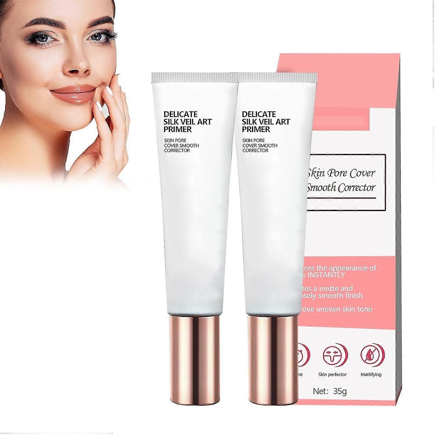 2pcsDelicate Silk Veil Art Primer, Skin Pore Cover Smooth Corrector, Oil Control Invisible Pore Primer Concealer Lazy Tone Up Cream
