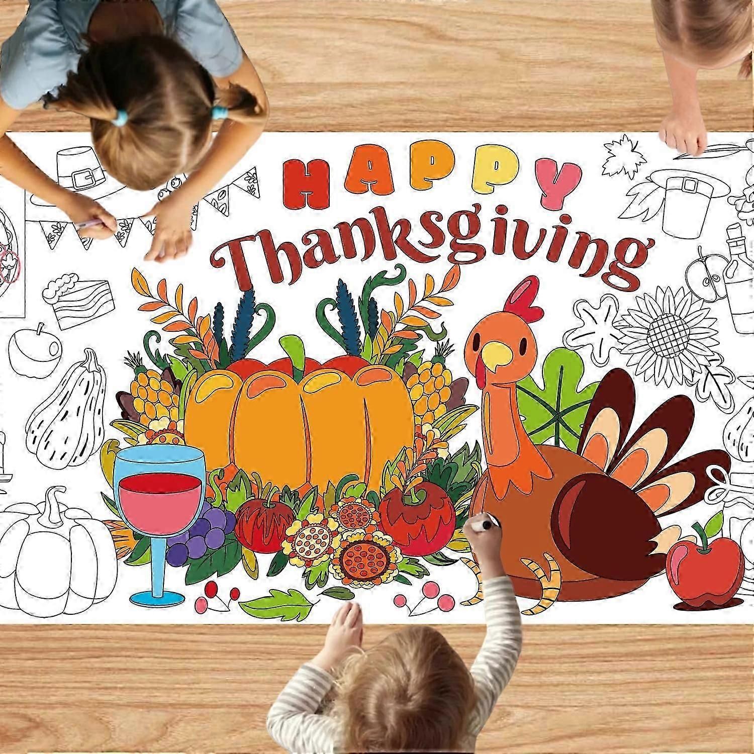 Happy Thanksgiving Giant Coloring Poster 72 x 31 Inch Turkey Maple Leaf Pumpkin Fruit DIY Drawing Blank Doodle Art Banner for Classroom Home School Ac