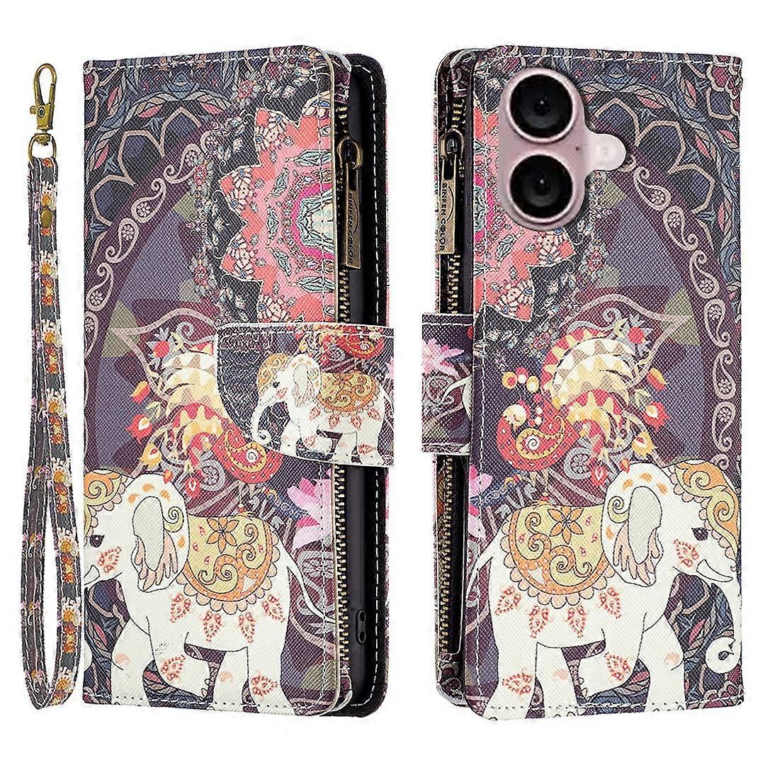 BF03 For iPhone 16 Case Pattern Printing Zipper Leather Phone Stand Cover