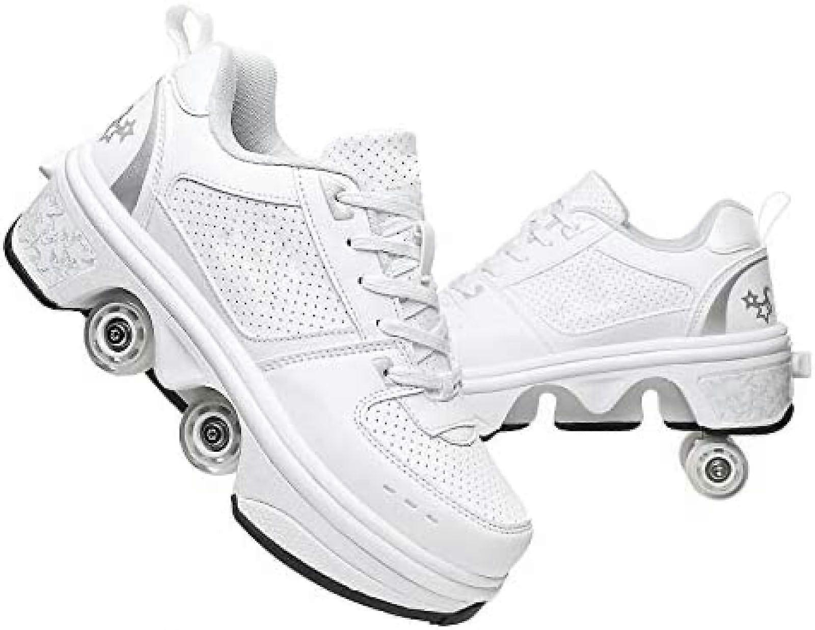 Roller Skates 2-In-1 Removable Pulley Skate, Double-Row Adjustable Wheels, Invisible Roller Skate, Red-White, Size 41