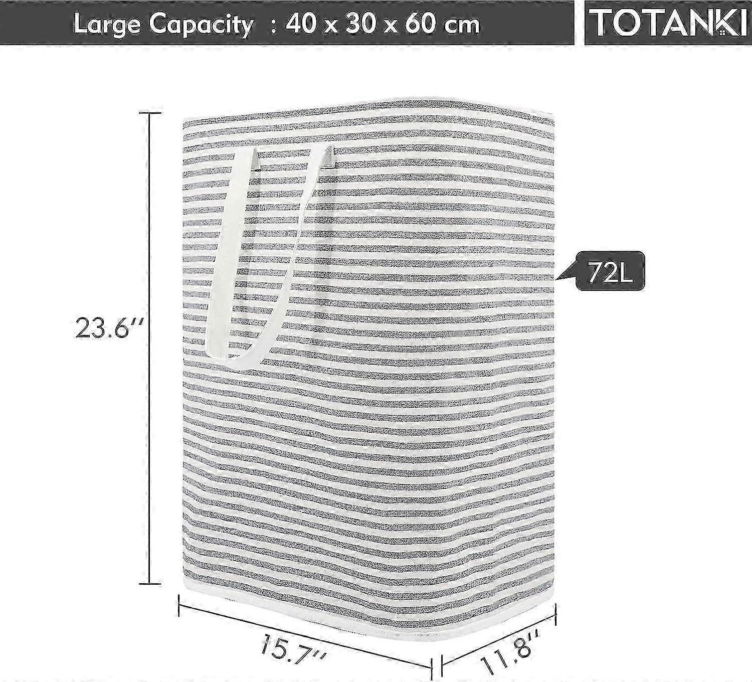 Freestanding Large Laundry Basket - Collapsible Hamper Grey Stripe (72L)