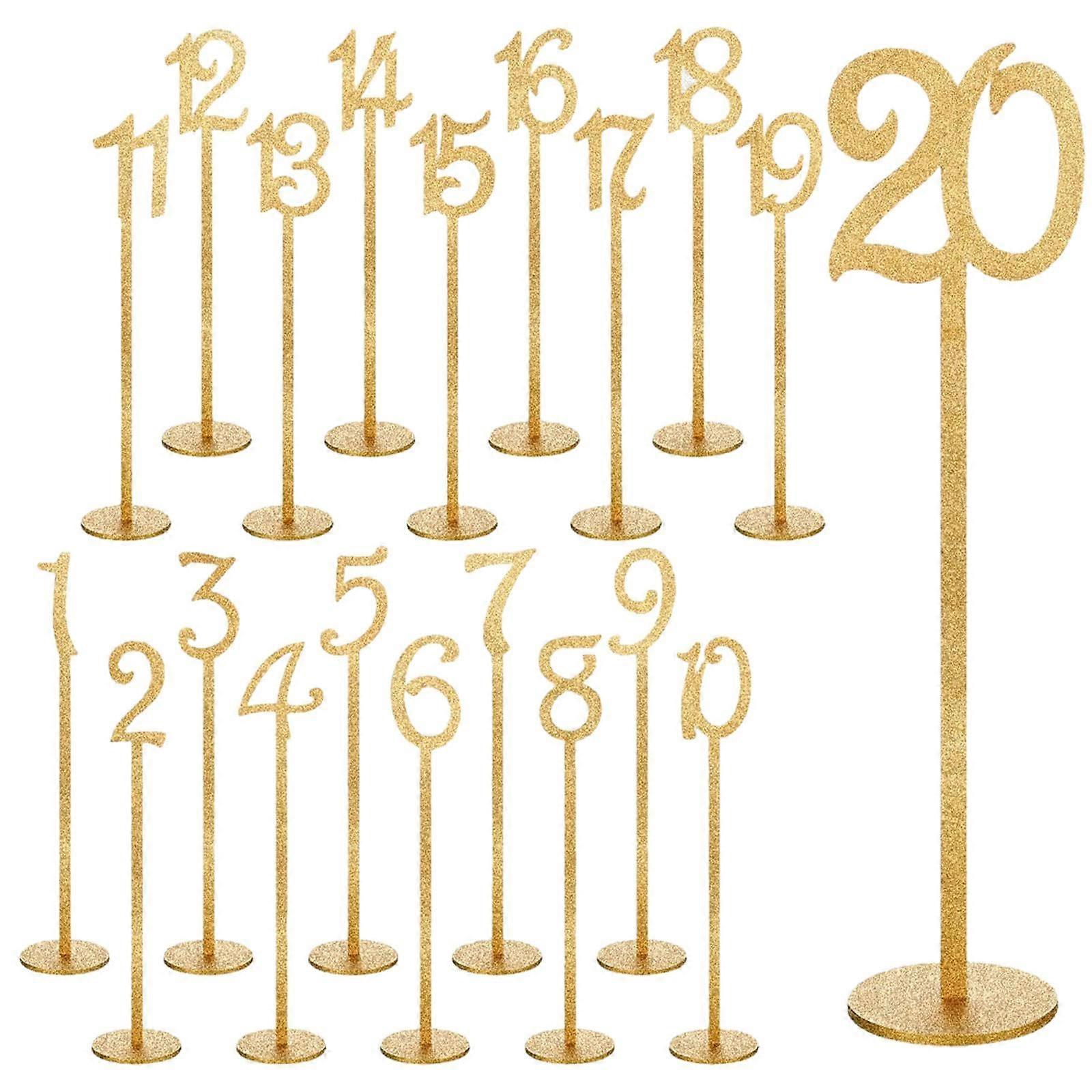 Table numbers, table card holders with base, wooden stand, table number cards, table number holders for weddings, event catering, 20 pieces golden