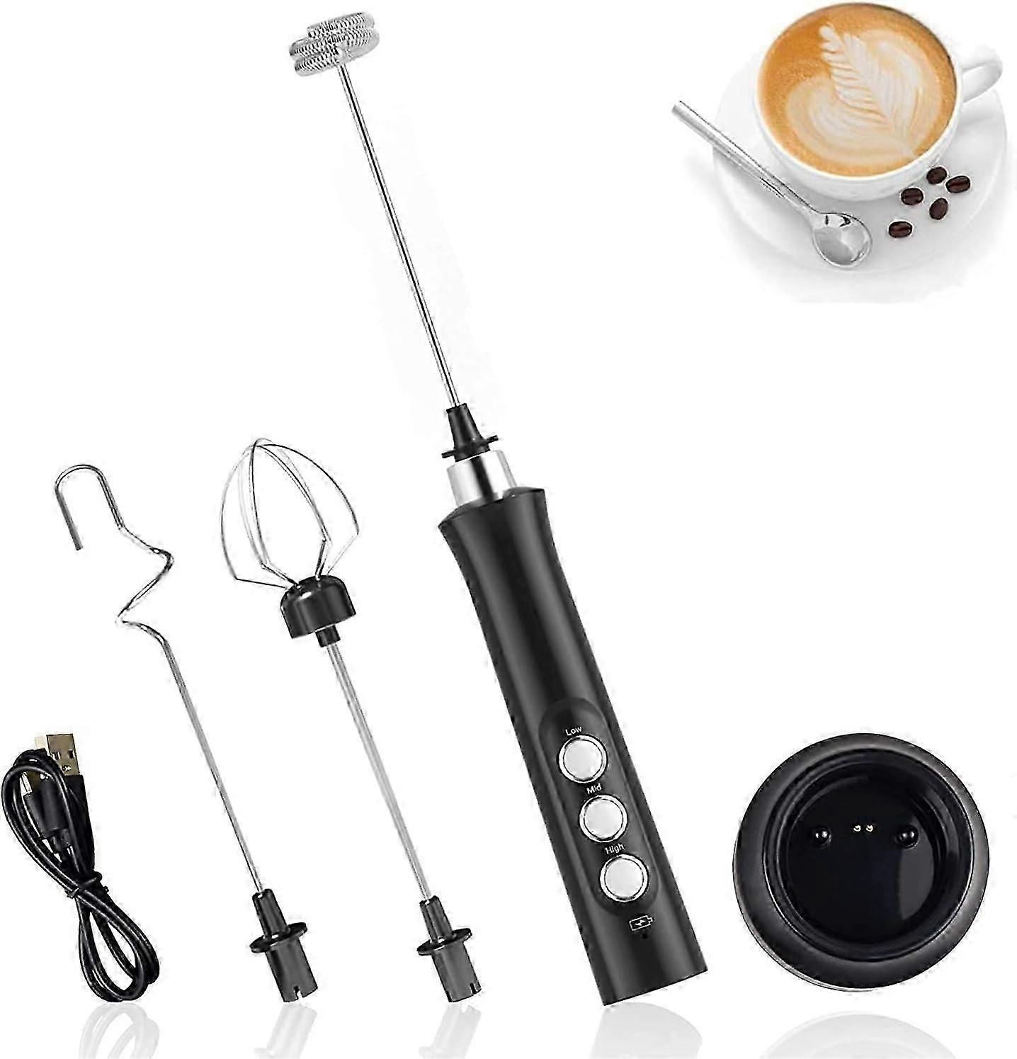 Hand Held Electric Milk Frother, 3 in 1 USB Rechargeable Whisk, 3 Adjustable Speeds with 3 Stainless-2025-ss