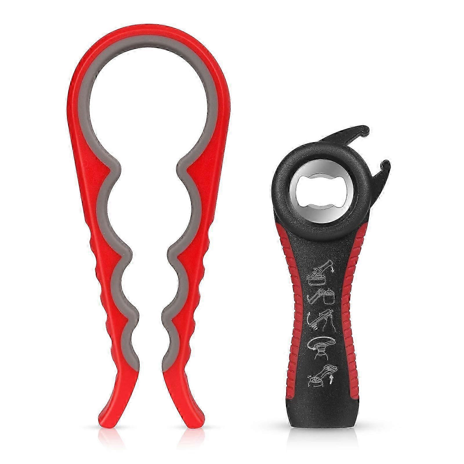2 Pack Multifunction Lid Opener - 5-in-1 Can Opener 4-in-1 Jar Opener Non-Slip Grip (Red)