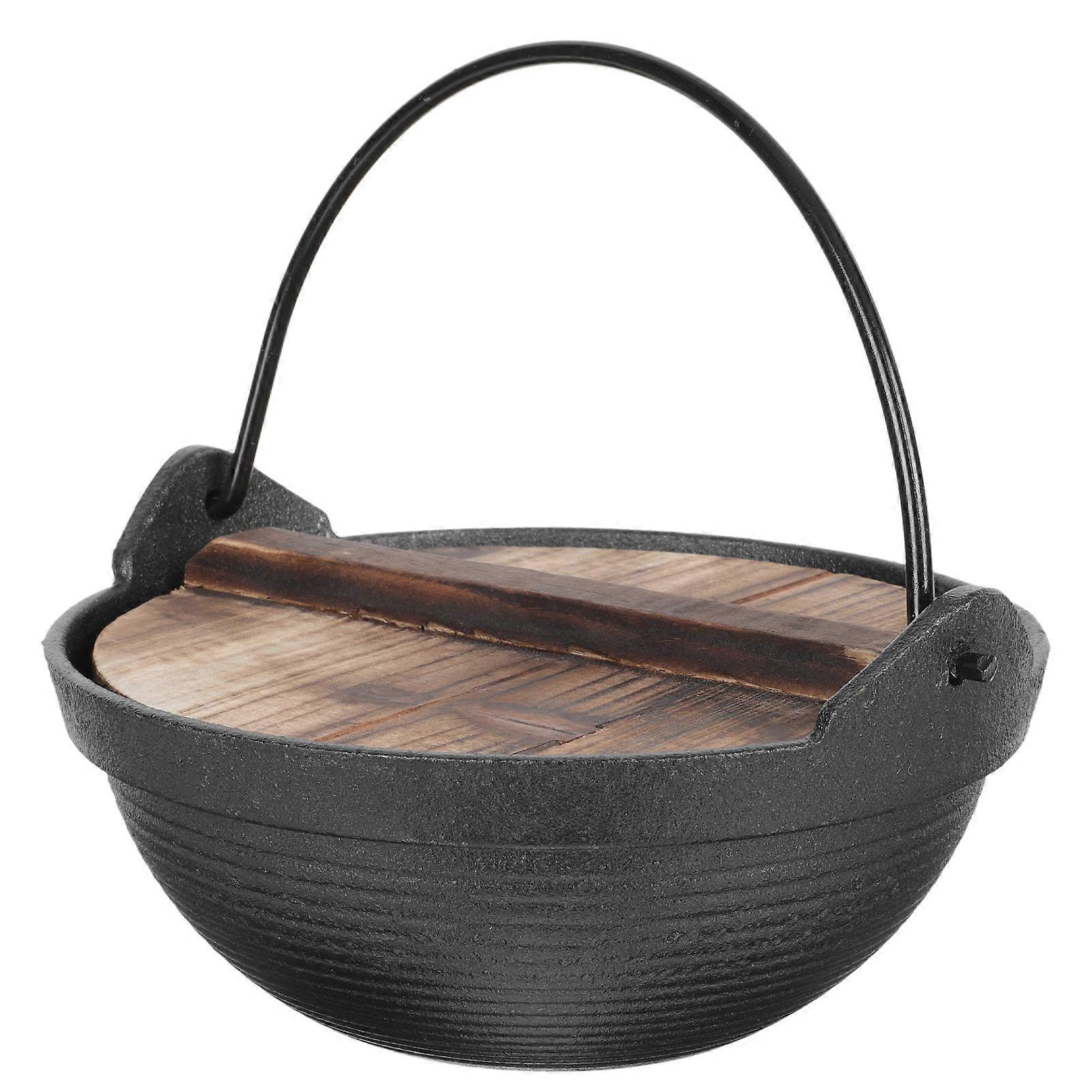 Small Hot Pot for Cooking Use Iron Material with Cedar Lid Portable and Lightweight Black
