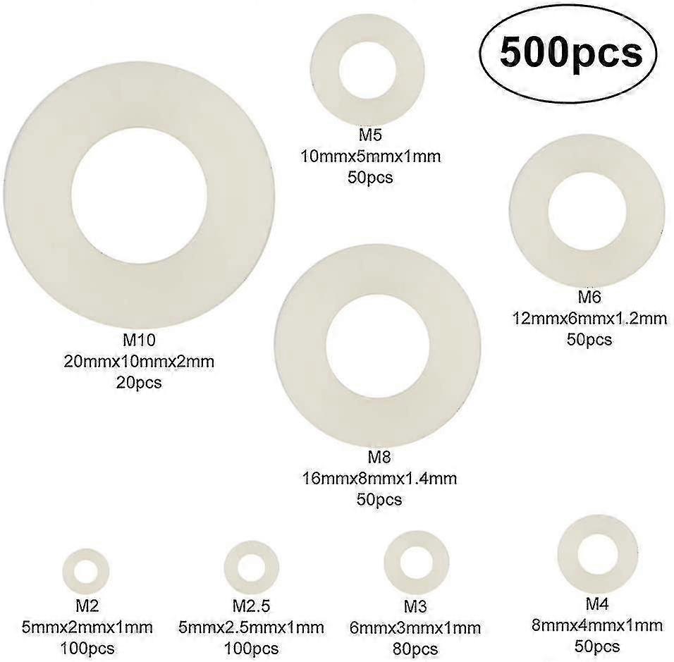 500 plastic washers, nylon, M2-M10, white