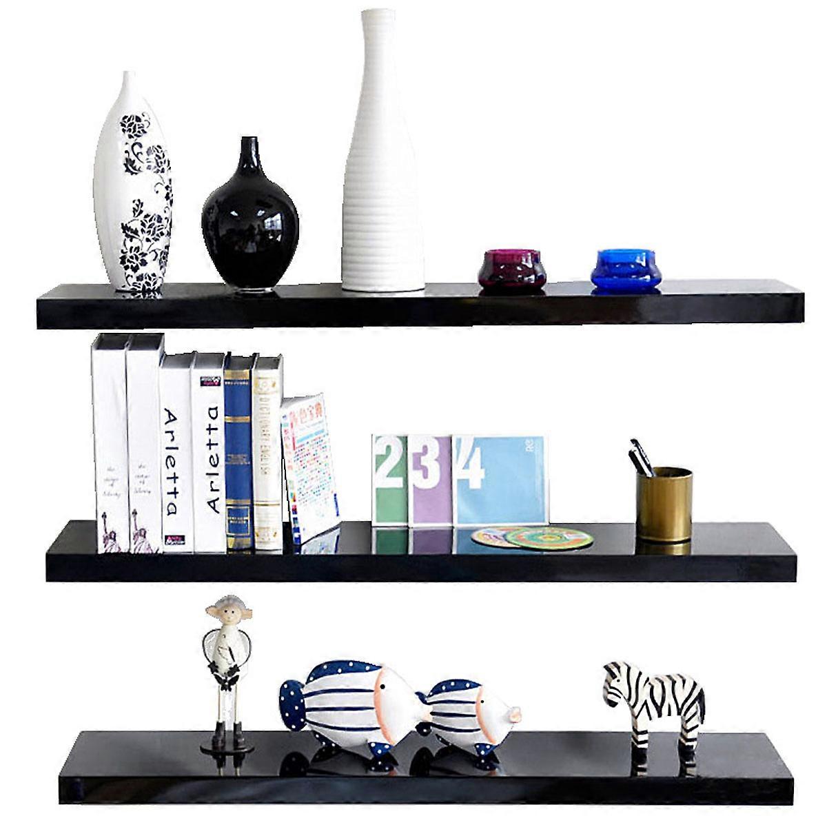 Hanging Bookshelf Wall Mount Book Shelf Rectangular Storage Rack Black 60cm x 20cm Bamboo 1Set