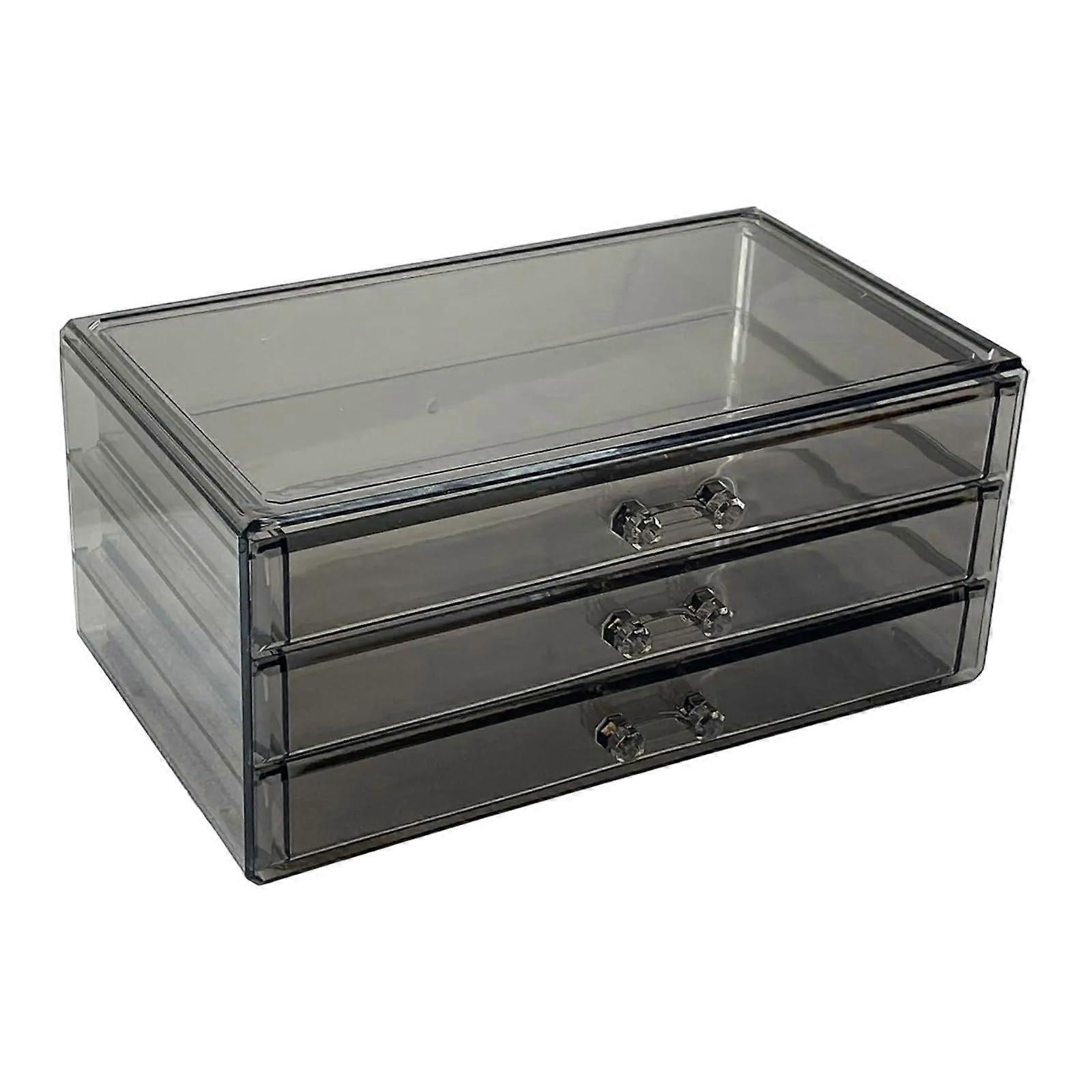 Spacesaving jewelry and makeup holder, elegant multilayer storage box with drawers, bathroom organizer in black, three layers.