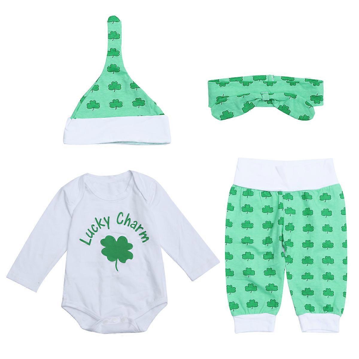 St Patricks Day Baby Bodysuit Girls St Patricks Day Outfit Comfortable Movement Loose Style Romper 80cm 4-Piece Set