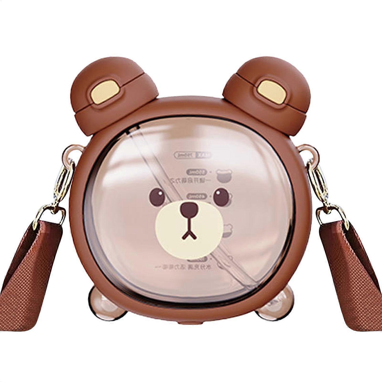 Kaw-aii Portable Bear Drinking Bottle With Double Straw, 750-ml Adjustable Shoulder Strap, Leak-Proof Cartoon Bear Brown
