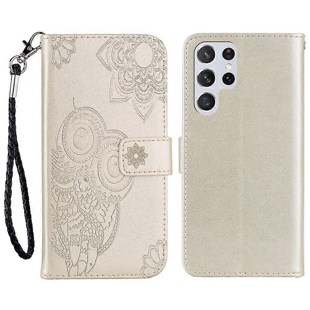 Flip Phone Case Stylish Imprinted Owl Flower Pattern Leather Wallet Shell for Samsung Galaxy S22 Ultra 5G
