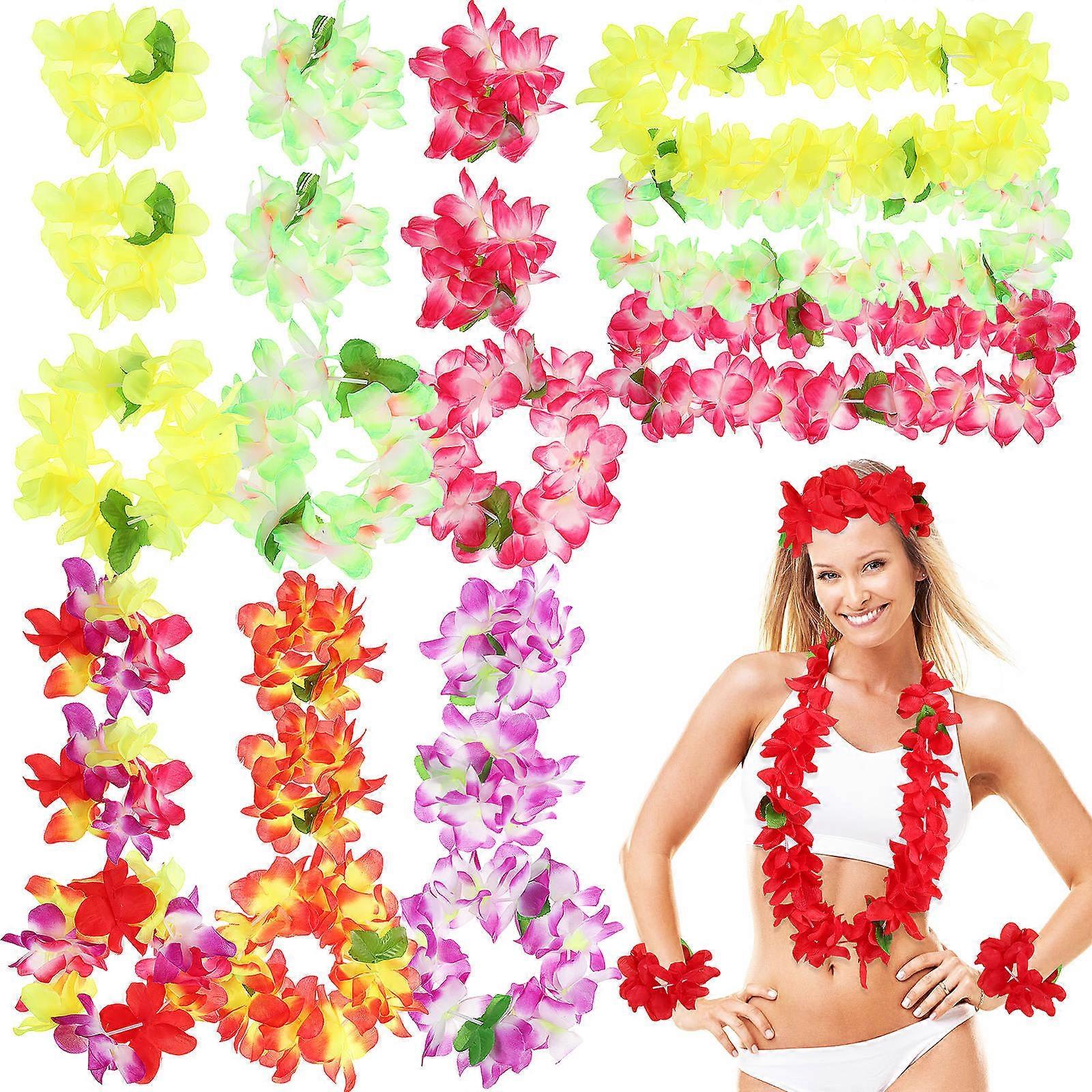 Hawaiian Flower Lei Set Tropical Party Decorations Assorted Color Circular Sweet Style 18 Sets