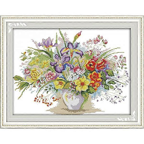 Cross stitch kit with stamped full range of embroidery starter kit for beginners DIY 14CT 2 threads - Blooming flowers (printed) 18.5x14.