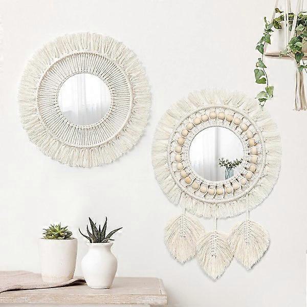 2pcs Hanging Wall Mirror with Fringe Set Round Boho Antique Weave, home decor.