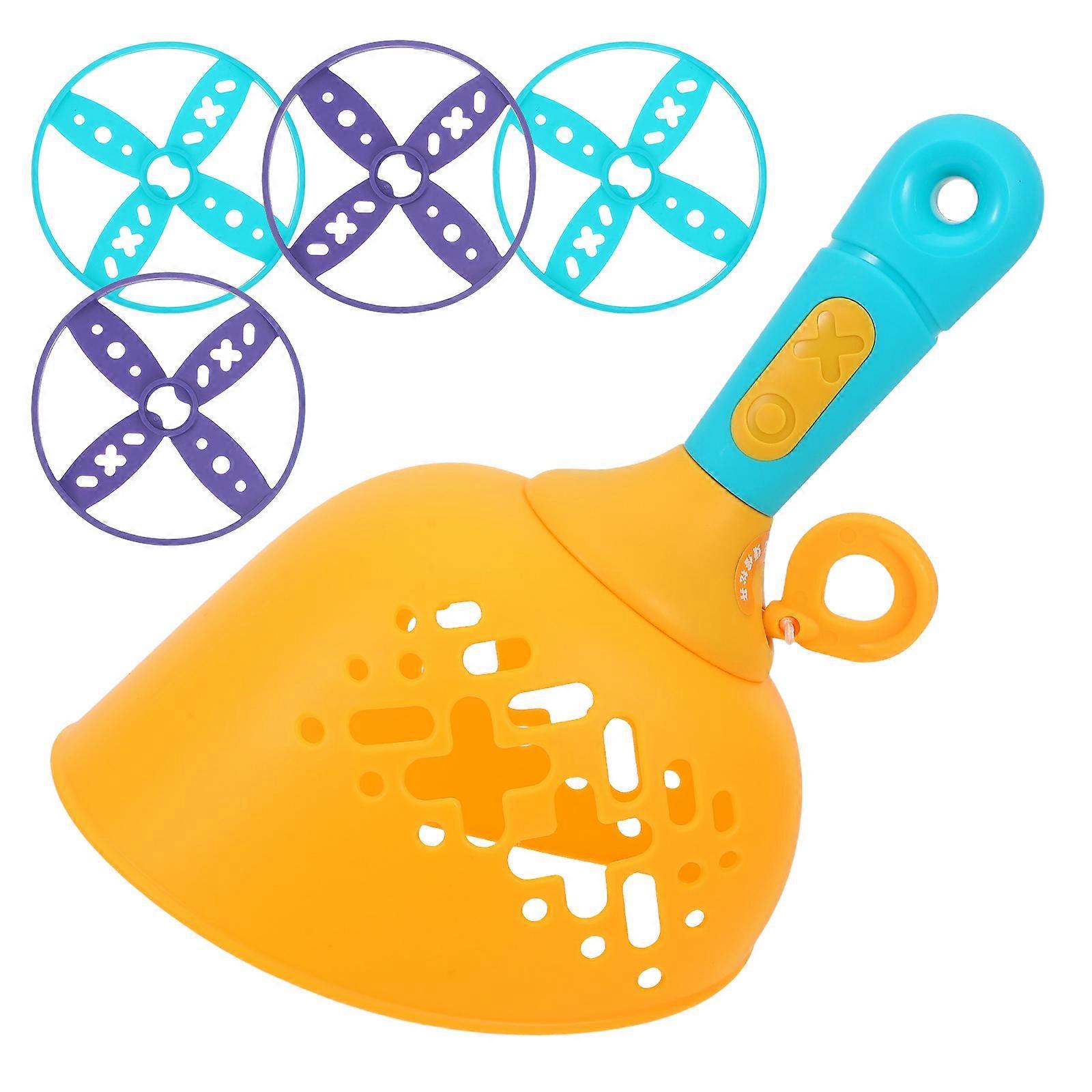 Hand Pulled Flying Disc Launcher with Yellow Launcher and Bright Discs – Outdoor Interactive Game for Kids to Improve Hand Eye Coordination and Motor