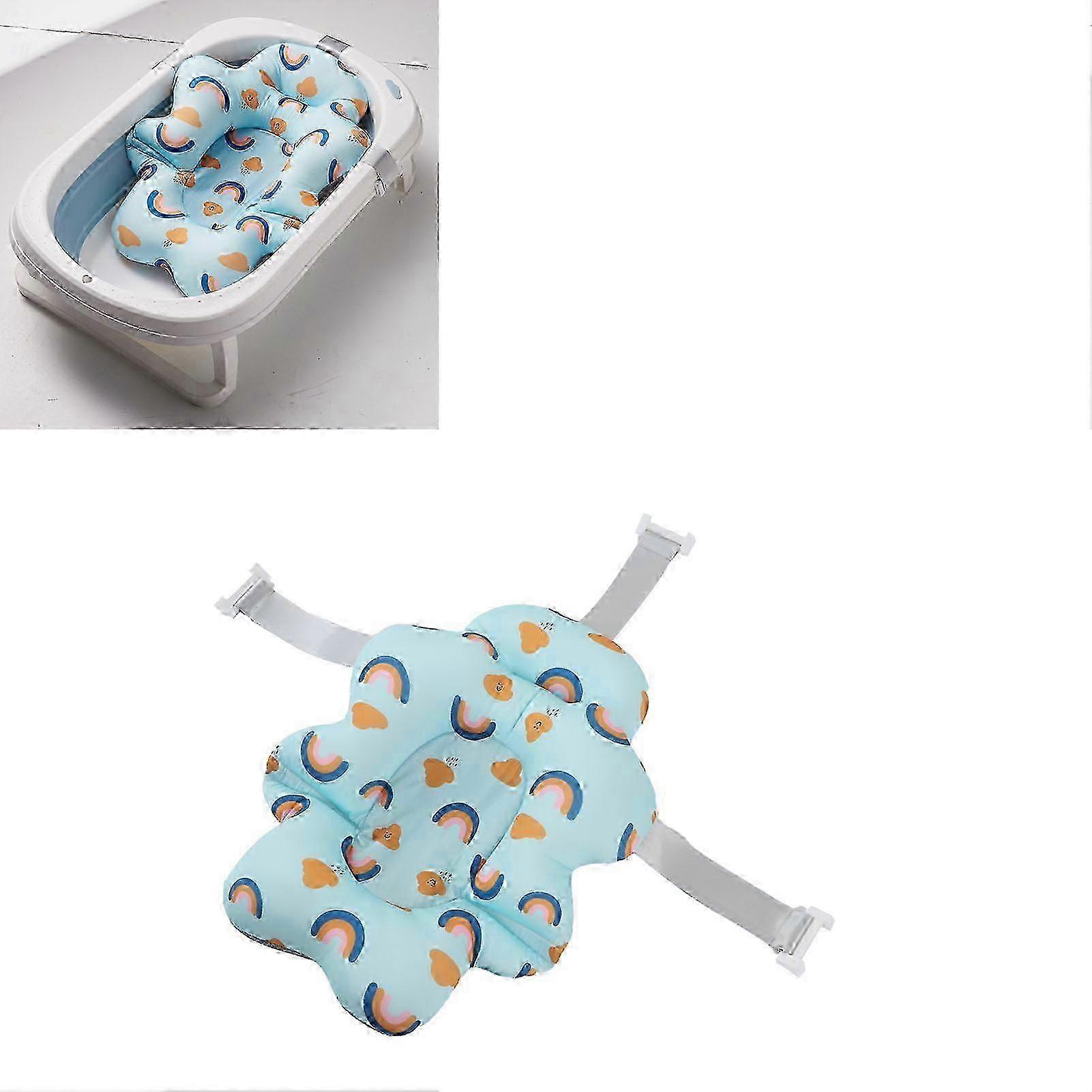Foldable Baby Bath Seat with Soft Floating Support Mat for Safe Shower Time - Blue Rainbow Design