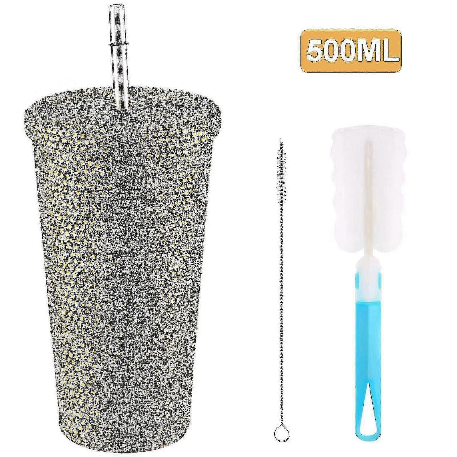 Nerezový vakuový termohrnek o objemu 17oz s víkem a brčkem, design Bling Diamond v zlaté barvě - Izolovaný pohár pro horké a studené nápoje