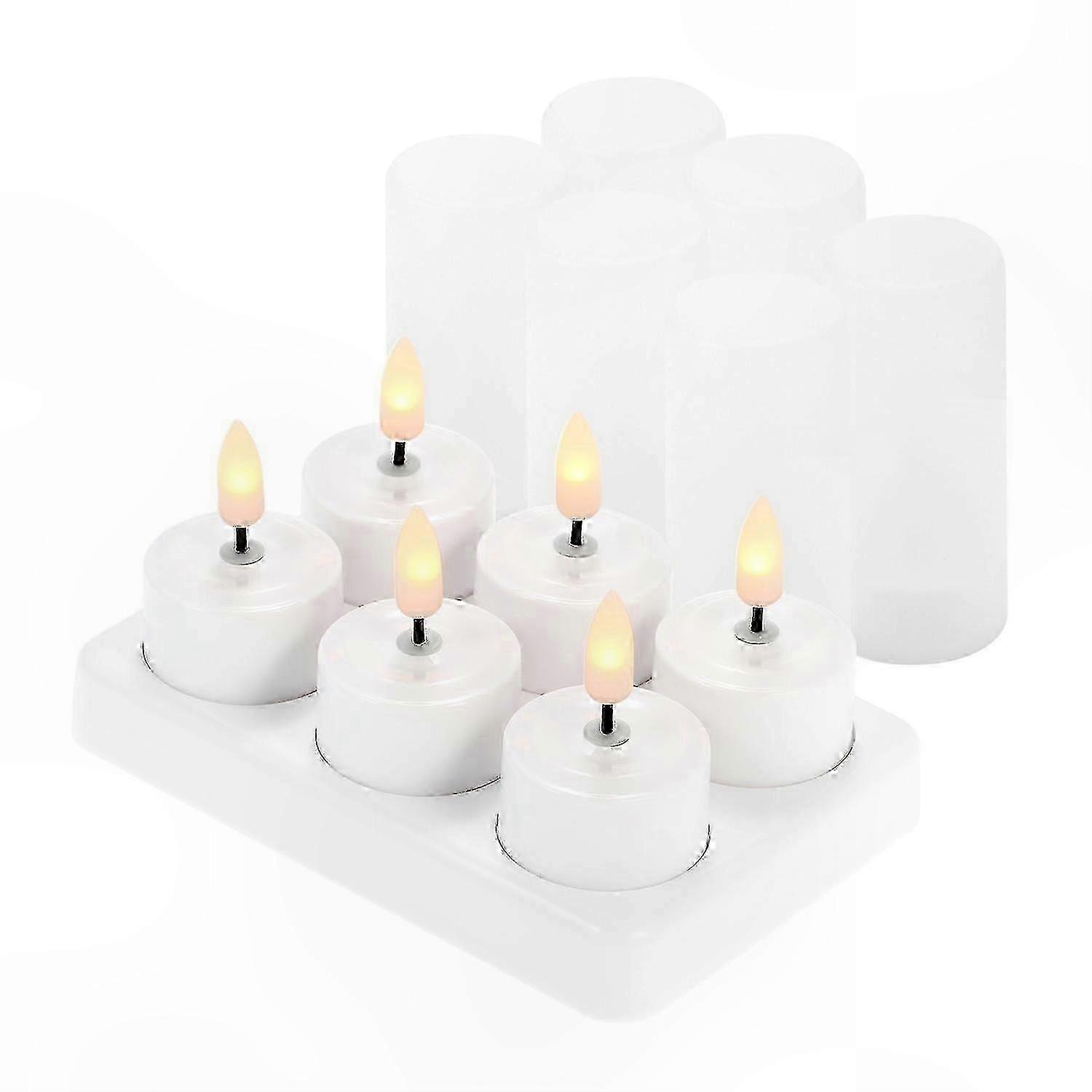 Set of 6 Rechargeable LED Tealight Candles with Realistic Flickering Yellow Light for Cordless Decoration