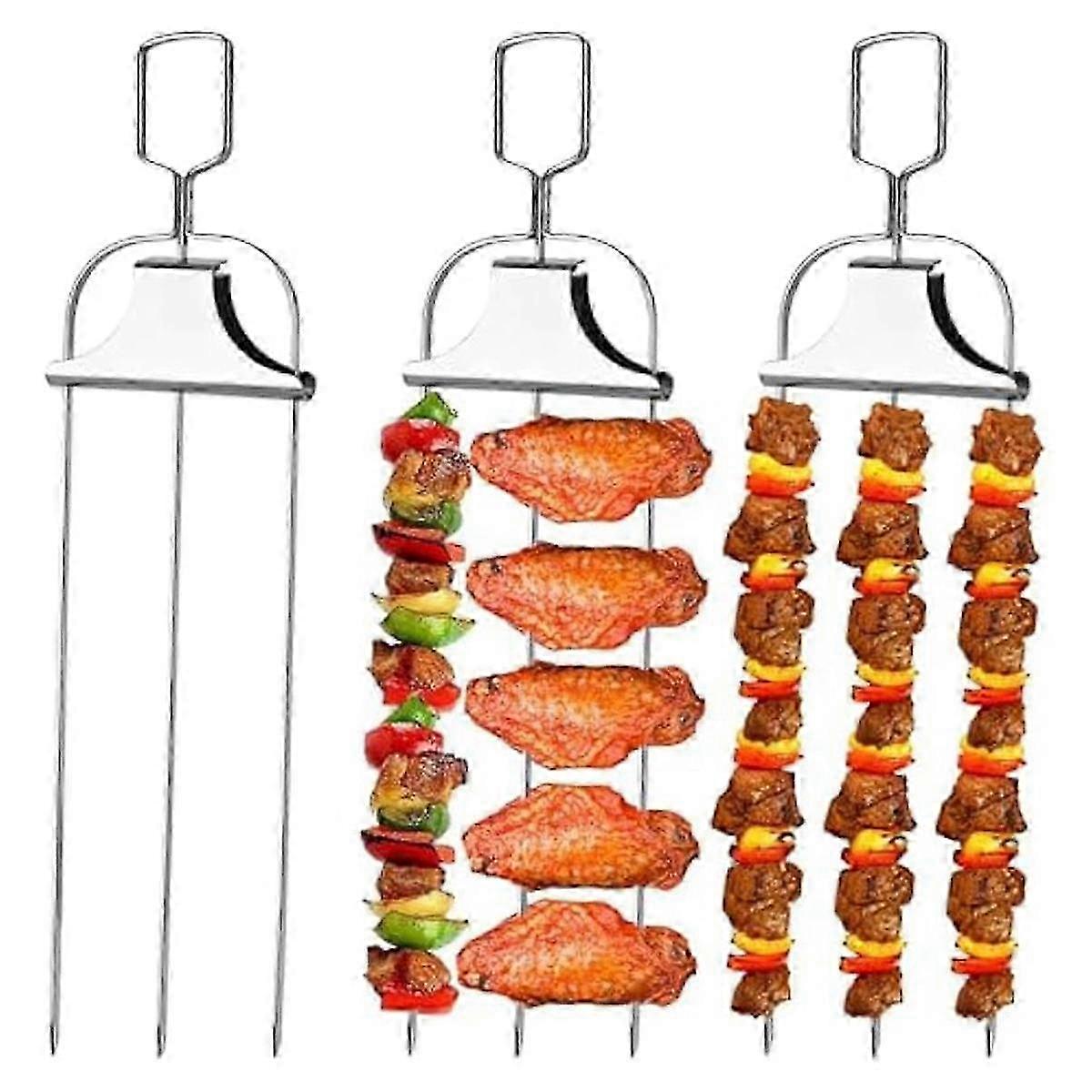 3PCS 3- Stainless Steel Kabob Skewers for BBQ with Pusher Slider,for Meat,Chicken,Sausages,Veggies,Shrimp