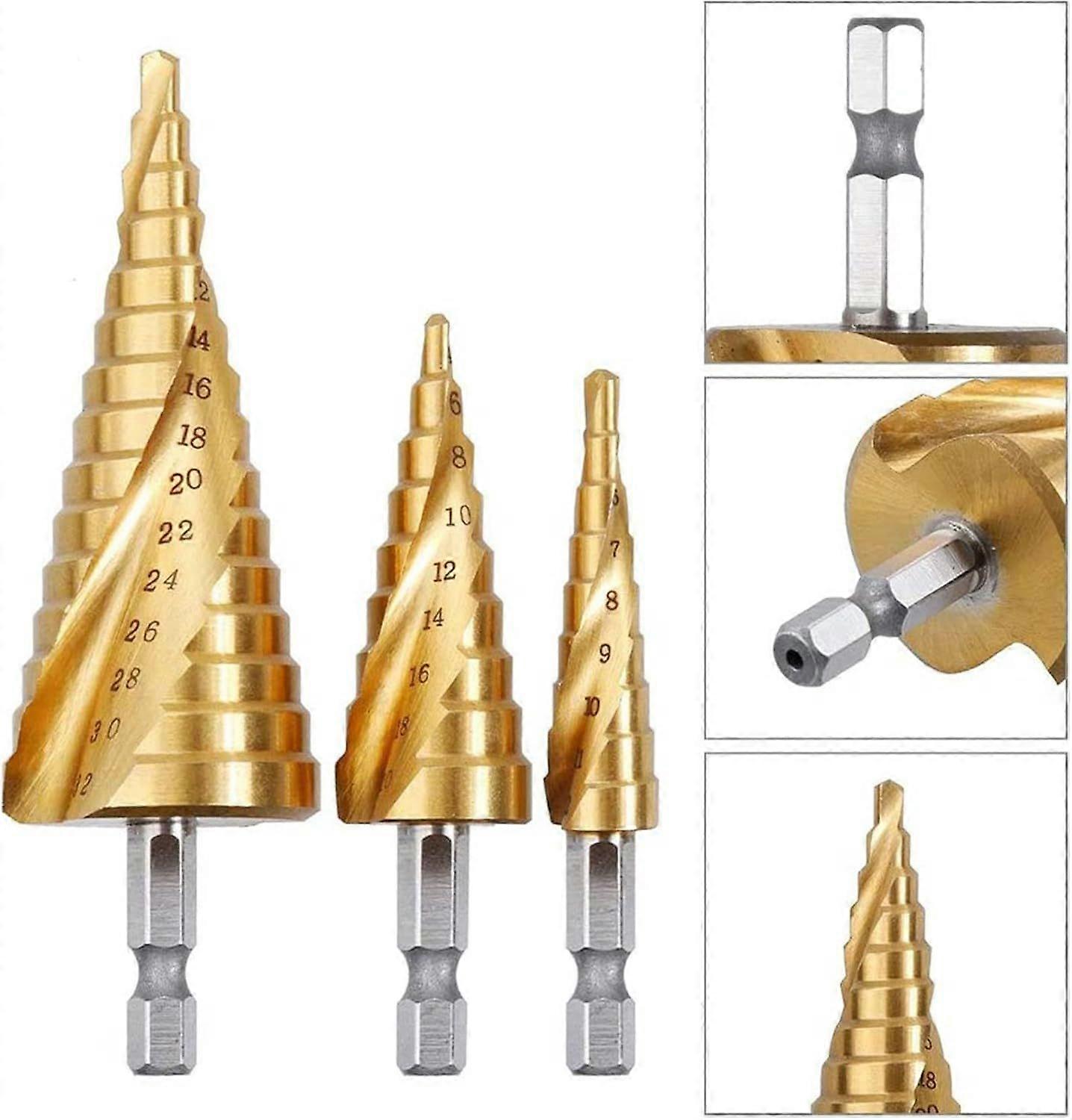 3PCS HSS Step Drill Bit, 4-12/20/32mm, Titanium Conical Triangle, with Hexagon