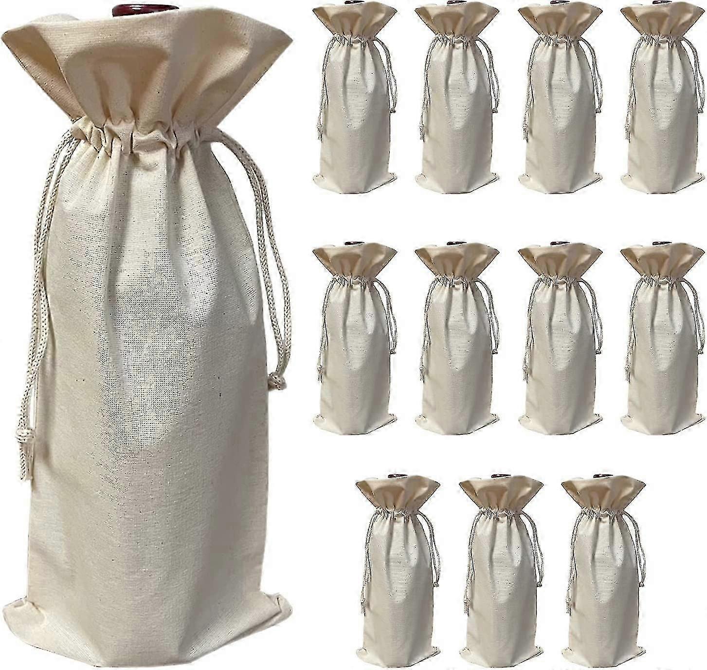 （12 包）天然棉帆布酒瓶礼品袋带拉绳封口可重复使用的礼品酒袋