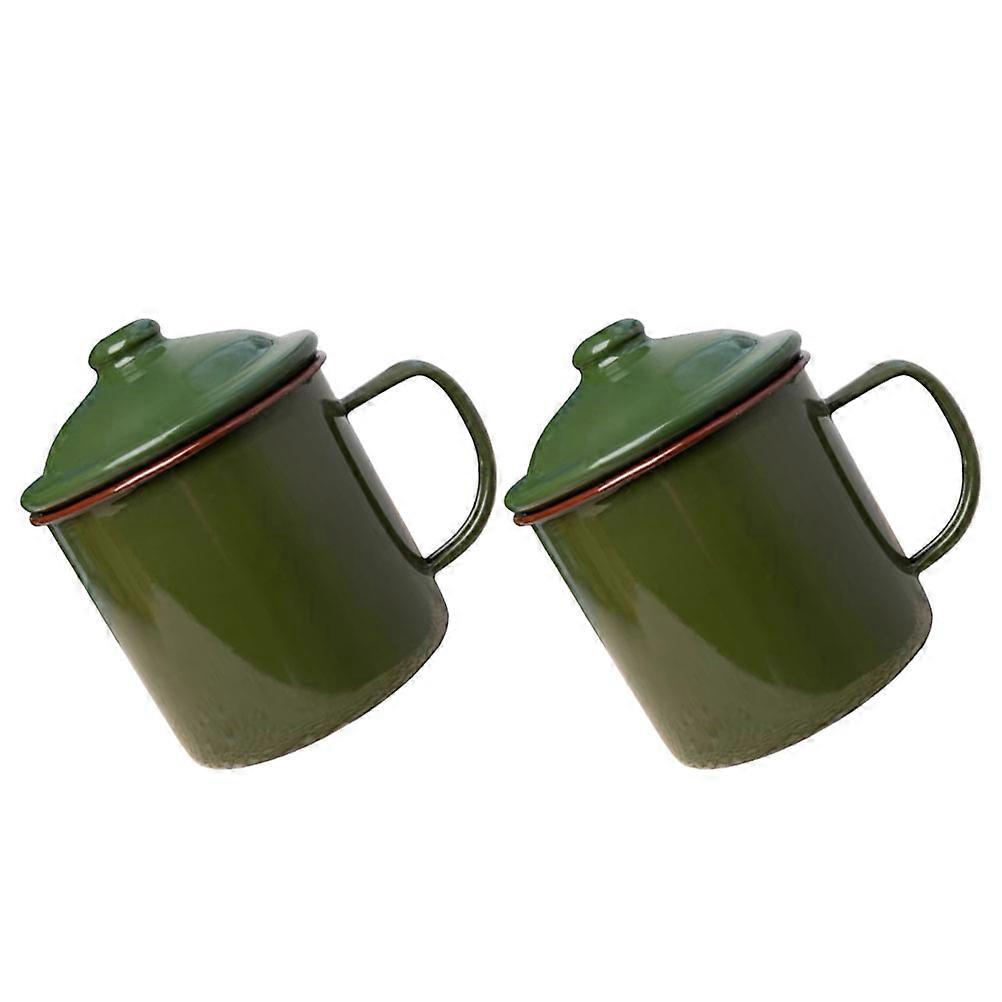 Enamel Drinking Mug Cylindrical Camping Green Vintage Enamel Mug Anti-Scalding Handle 2Pcs