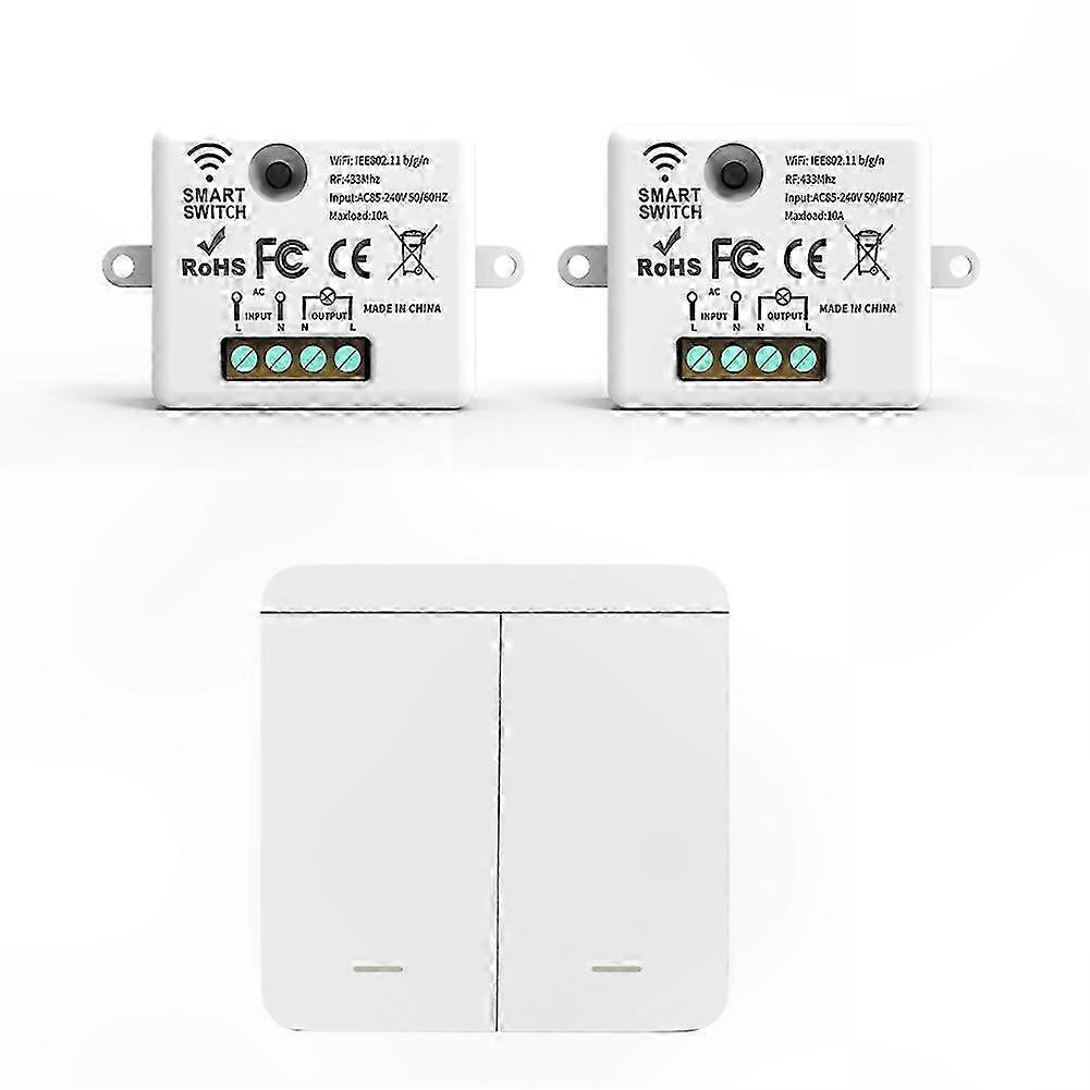 2-Pack Wireless Light Switch, RF 433MHz Relay Receiver with 2x 2-Gang Panel Remote Control for LED