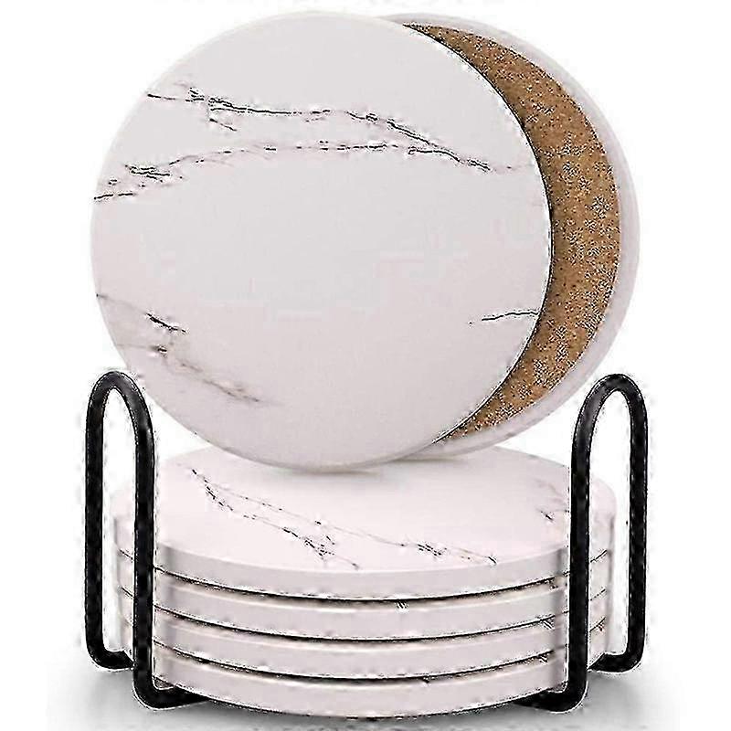 Coasters for Drinks, Ceramic Stone Coaster Set with Metal Holder Stand, Cork Base, Surface Pattern--White