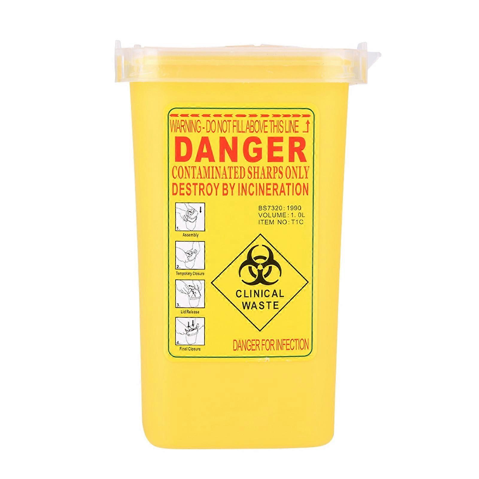 1L Yellow Medical Plastic Container for Disposable Needles, Small Sharp Objects, Tattoo Waste, Biological Hazard Disposal