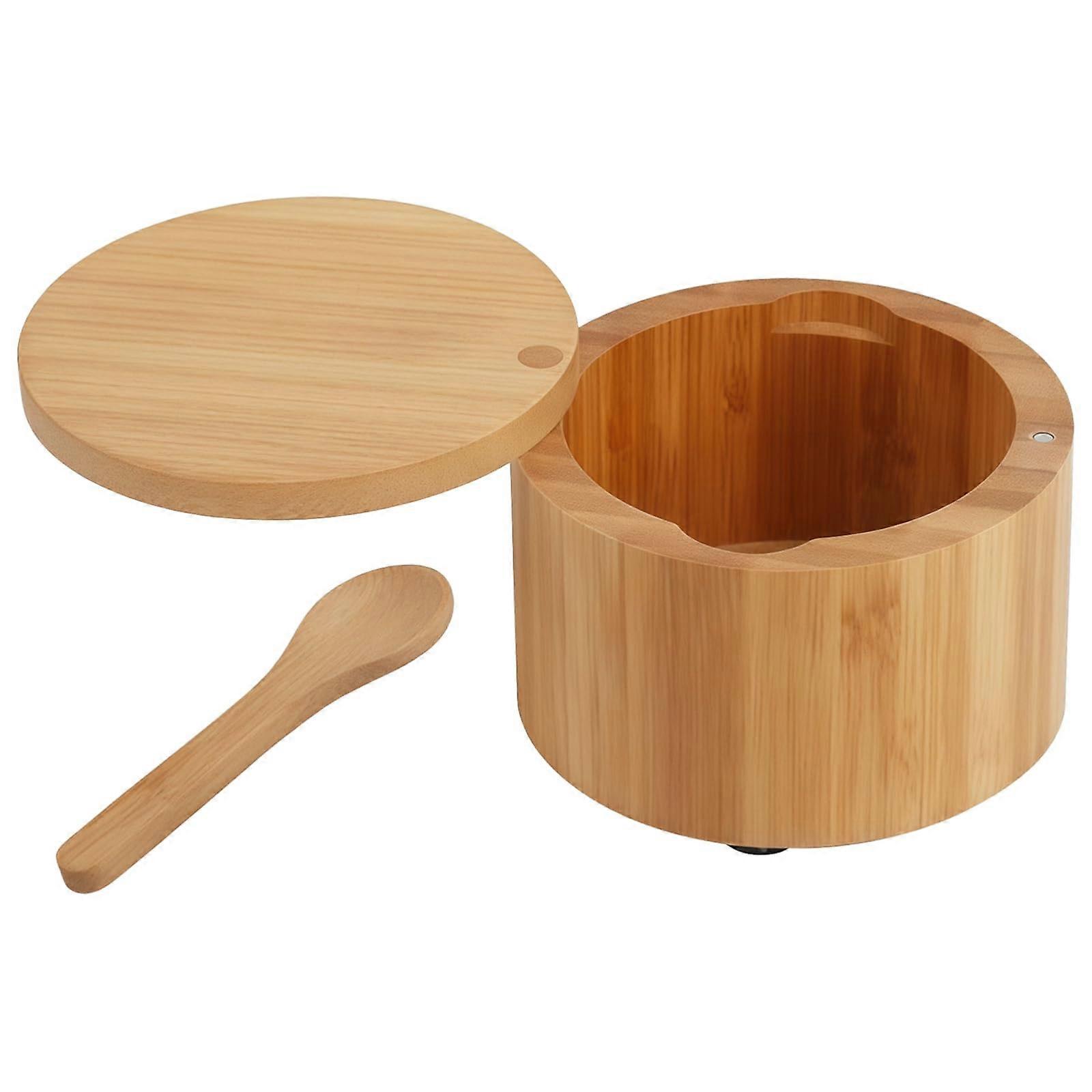 Wooden Salt Box with Builtin Spoon Round Spice Storage Container with MoistureProof Lid