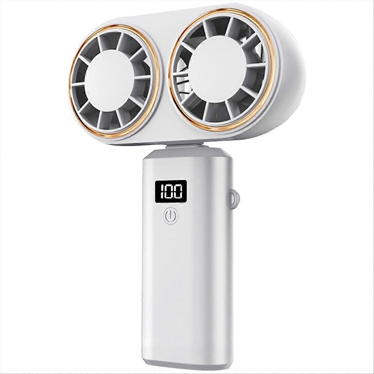 Ventilador portátil com carregamento USB e display digital duplo, branco