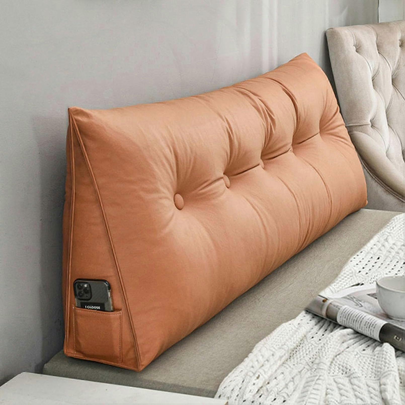 Twin Size Wedge Pillow for Back Support and Reading, Waterproof Cushion with Removable Cover, Daybed Bolster with Pocket, Orange 23.6 Inches