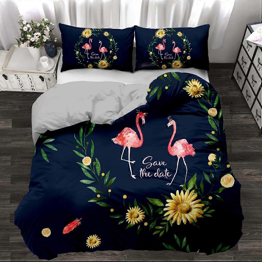 Flamingo Bedding Set Full Size with Pink Flower Print, Breathable Duvet Cover and Hidden Zipper Closure