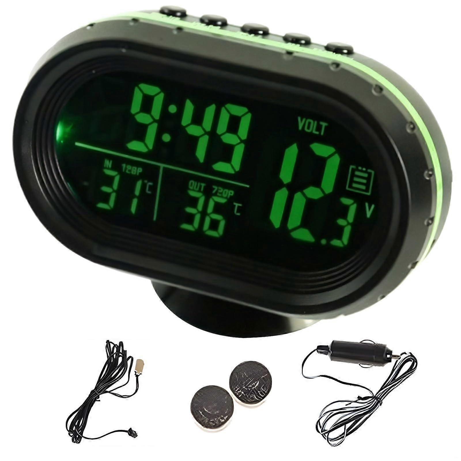 Car Voltage Meter with Dual Temperature Display, Green LED Vehicle Thermometer, 12V Battery Monitor