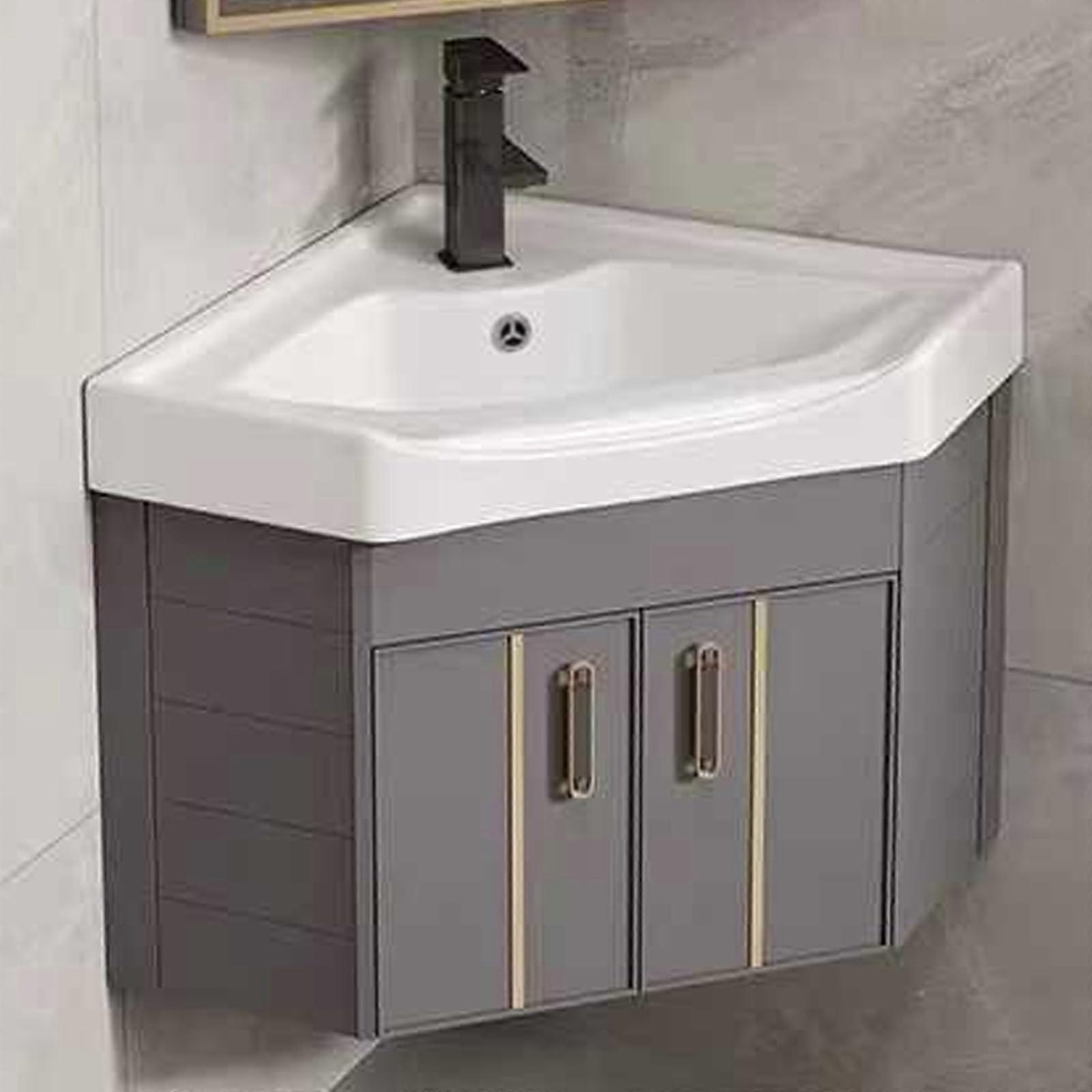 Corner Bathroom Vanity with Sink, Wall Mounted SpaceSaving Design with Storage, Gray 56cm/22in