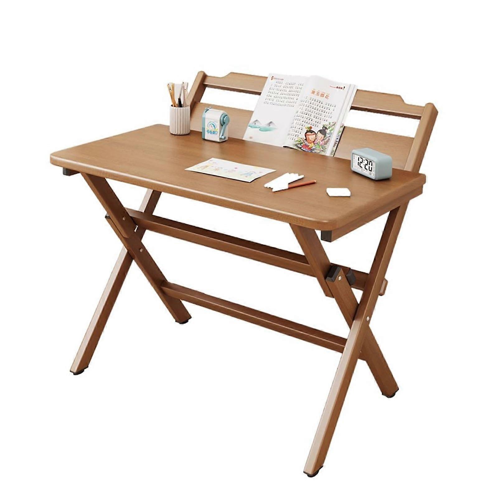Folding Solid Wood Desk 80cm with Shelf for Small Space Home Office Walnut Color