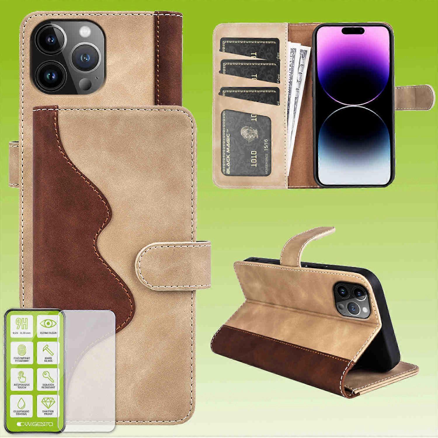 For Apple iPhone 15 Pro Max Design Phone Case Brown Faux Leather Cover + H9 Tempered Glass
