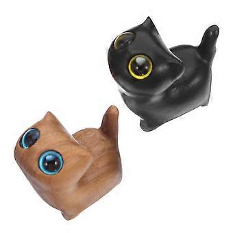 1 Pair Wood Cat Figurines: Hand-Carved Wooden Cat Figurines - Miniature Cute Kitten Statues For Desk Office Or Home Decor