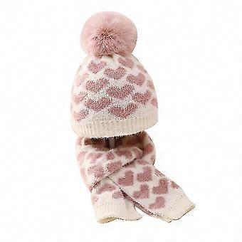 Baby Winter Wear: Soft Knitted Hat & Scarf Set with Love Heart Print for Newborn Girls