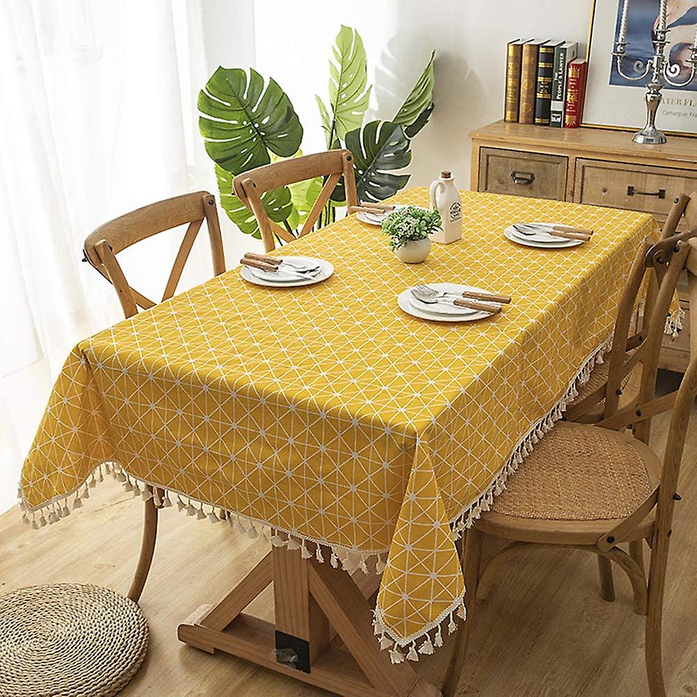 Lattice Tablecloths With Tassel For Square Tables Farmhouse Cotton Linen Table Cover For Kitchen Dinning Party (yellow, 55"x55")